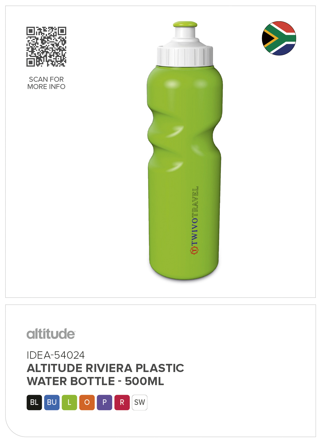 IDEA-54024 - Altitude Riviera Plastic Water Bottle - 500ml - Catalogue Image